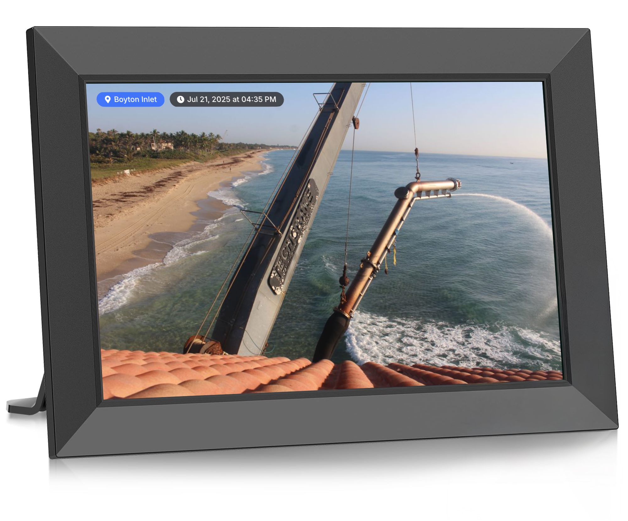 Mockup view of the LiveFrame with live beach images.